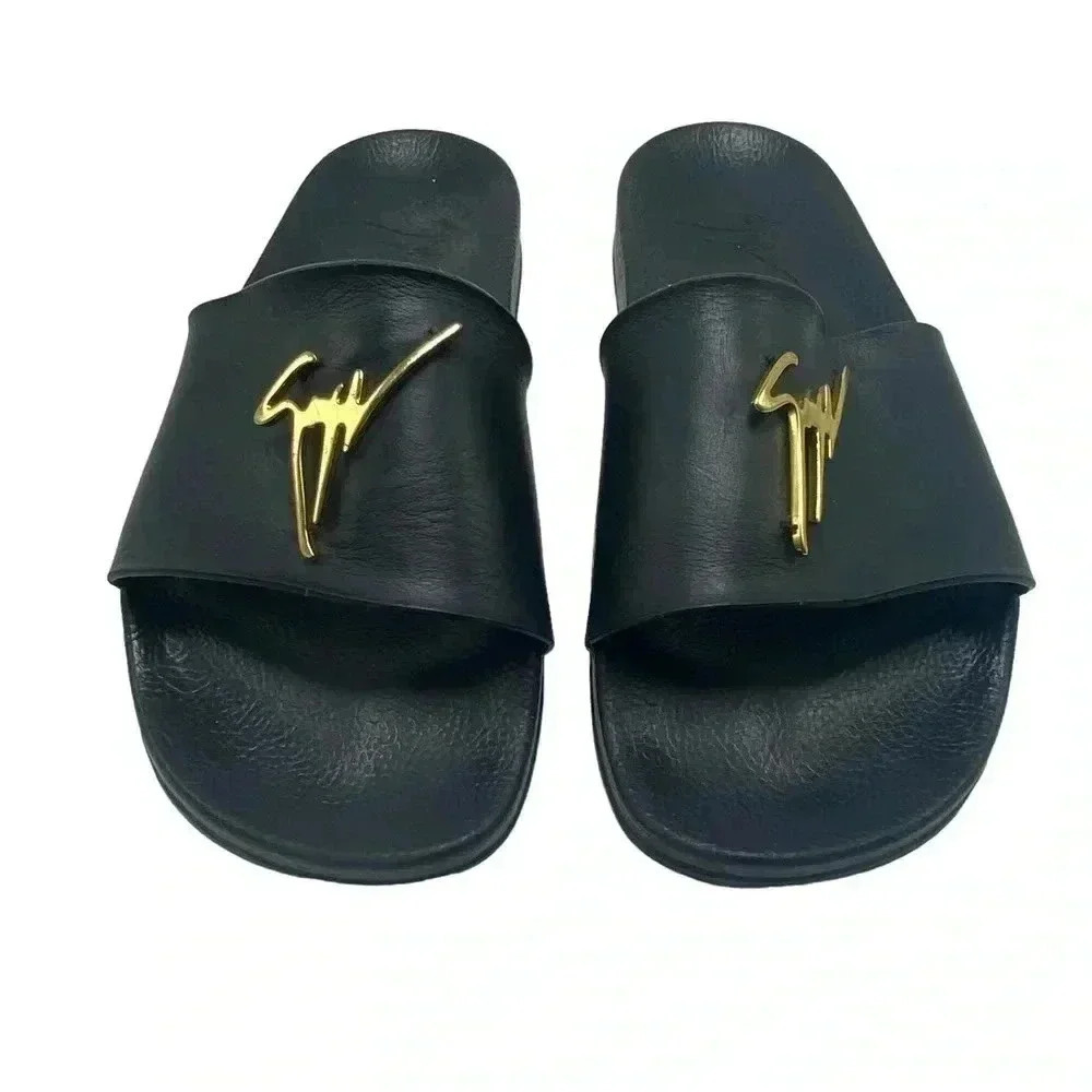 Giuseppe Zanotti Brett black leather Slide Sandal With gold Logo size 42